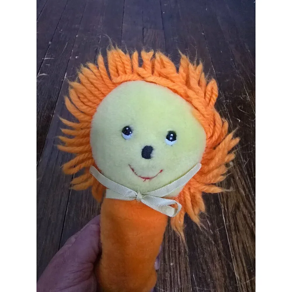 Vintage 1970s Stahlwood Toy Orange Lion Baby Rattle Plush